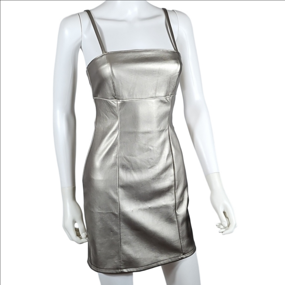 NWT Kirious Los Angeles Silver Metallic Vegan Leather Bodycon Mini Dress - Picture 2 of 16